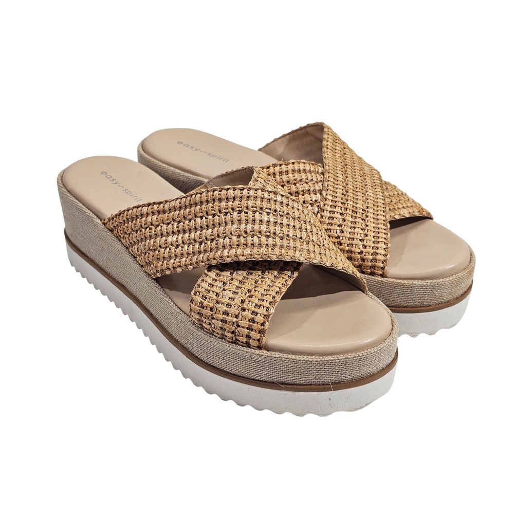 Easy Spirit Seirene2 Sandals Womens 8.5M Tan Woven Raffia Platform Wedge Slides